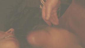 Swemature in the black bed with dildo, butt plug, bitch collar, leather cufs, fucking and swallowing cum.