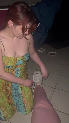 Licking feet, kicking, blowjob on the terrace