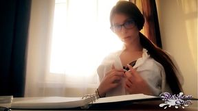 Russian teen secretary masturbates with huge natural tits in the reception room