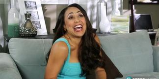 Gabriella Sky gives a hot handjob and cums on her own face