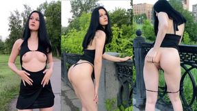 Annygrace - Beautiful girl in a dress walks in the park and shows her boobs and ass