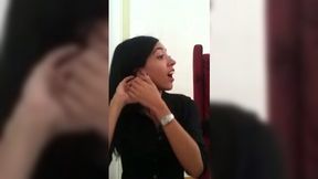 Hot brunette girlfriend in jeans skirt teasing camera
