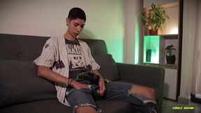 skinny twink magic c jerking his big cock after college and eating his own cum