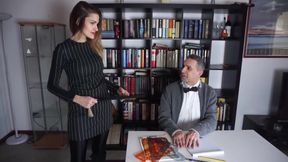 Femdom chick punishes her male slave in the office