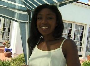 Sexy ebony babe loves jumping on big white cocks