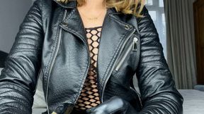 Sasha Bull Smoking in Black Leather, Gloves and Fishnet