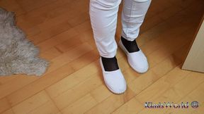 White Jeans, Black Reinforced Toe Stockings & White Espadrilles – Shoeplay & Dangling