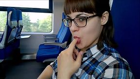 Nerdy GF gives public blowjob and swallows in train