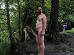 Skinny-dip in public, getting caught naked, cum outdoors