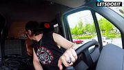 Big Tit Brunette Deepthroats Cock in Parked Van Then Rides Him Raw