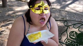I suck my man'_s ass, cock and balls, extract a lot of cum and eat it with pineapple in public