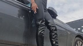 Nicotine Craving Hooked – Seductive Car Exit & Leather Smoking