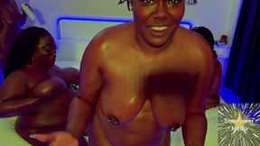 4 ebony goddesses oil wrestling: golden goddess, mistress mango, tinker brat & omgiana rub slick bodies