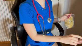 Miss Nastya enjoys herself while wearing transparent surgical gloves and treating a dildo