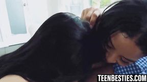 Teen besties share lucky dude's large dick in on top and on all fours