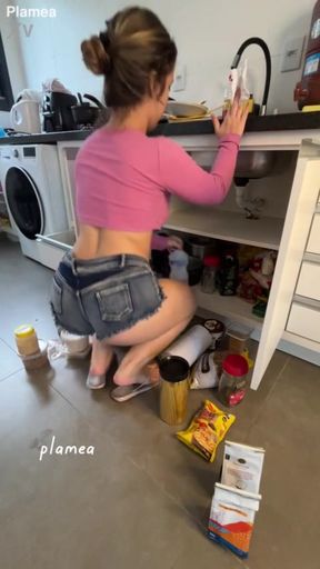 housewife in micro jean shorts