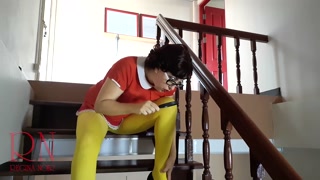 Velma Yellow pantyhose Performing in old house at stairway