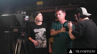 TRANSFIXED - Two News Anchors Trans Get Fucked During Their Live Broadcast By Her Hot Producer