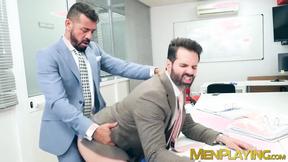 ”Suited hunk Dani Robles has his tight bushy butt rimmed hard”