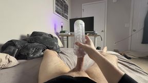 Fucking a clear pocket pussy extremely deep - see through cumshot filling up the toy and loud male moaning