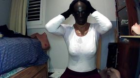 Rubber masked babe masturbates with big boobs and adult toys