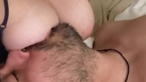 Amateur babe nurses while fondling uncut cock