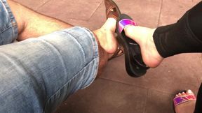 Outdoor sandals dangle & tease with alpha! Dirty feet fetish!