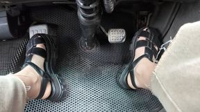 pov pedal pumping while driving in summer platform sandals