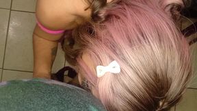 Beautiful trans woman deep throating a curious man's cock