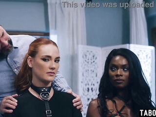 Immoral hubby screwing his large boobed black and ivory slaves
