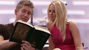 slim blonde freckled girl with small tits seduce to first fuck by long cock classmate when home alone