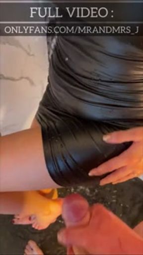Therapist in Stockings Gets in Shower to Let me Cum on Her Leather Dress