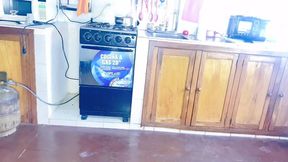 Perverted busty stepdaughter masturbates in the kitchen and spills milk on her beautiful body - how kinky