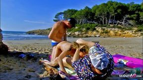 Horny blonde skinny MILF Evy fucked in the ass by strange guys on the beach