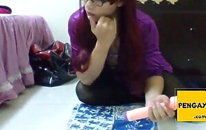 Asian Crossdresser Jacks Off in Purple