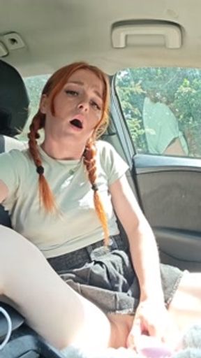 Red head teen nearly caught fucking masturbating in the car squirting with excitement