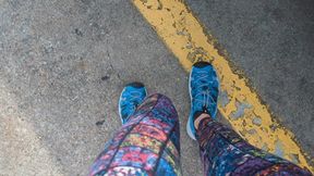 Fifi cranking in public trying to get home wearing Keen sandals Puma ankle socks and leggings