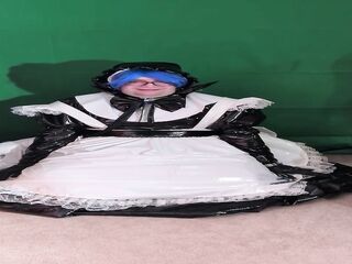 Layered PVC Maid Aoi in a lengthy magic wand sex-toy session