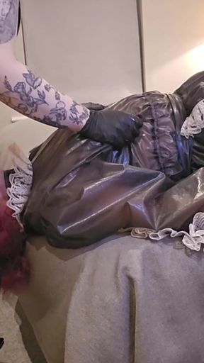 Miss Ruby Pvc Domme Throatfucks Sissy Maid with Huge Black Strap-on, Sph, Face Slapping with Dildo
