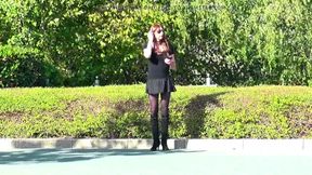 Crossdresser Sissy on windy day outside in short skirt