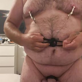 Cock and ball bondage with nipple clamps