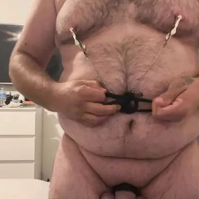 Cock and ball bondage with nipple clamps