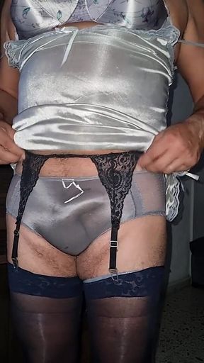 Sexy Gray Metal Nylon Slip with Matching Briefs and Bra