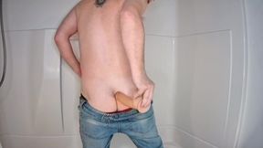 Tight jeans ruined by creamy anal dildo jerking