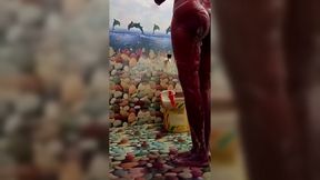 She takes off her clothes in the bathroom and washes her pussy with soap 138