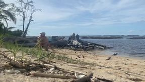 Pet play at the beach with a risky gay exhibitionist