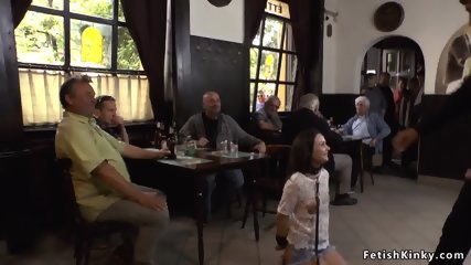 Euro slave sucks big cock in a pub