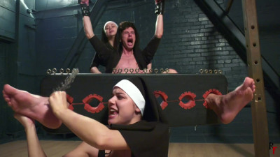 Crazy nuns Leya and Tonya tickle poor guy
