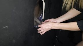 My GF's 3rd visit at the gloryhole - hairy, fingering, and cumshot galore!