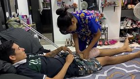Busty brunette started with a simple leg therapy and ended up being a professional cock rider